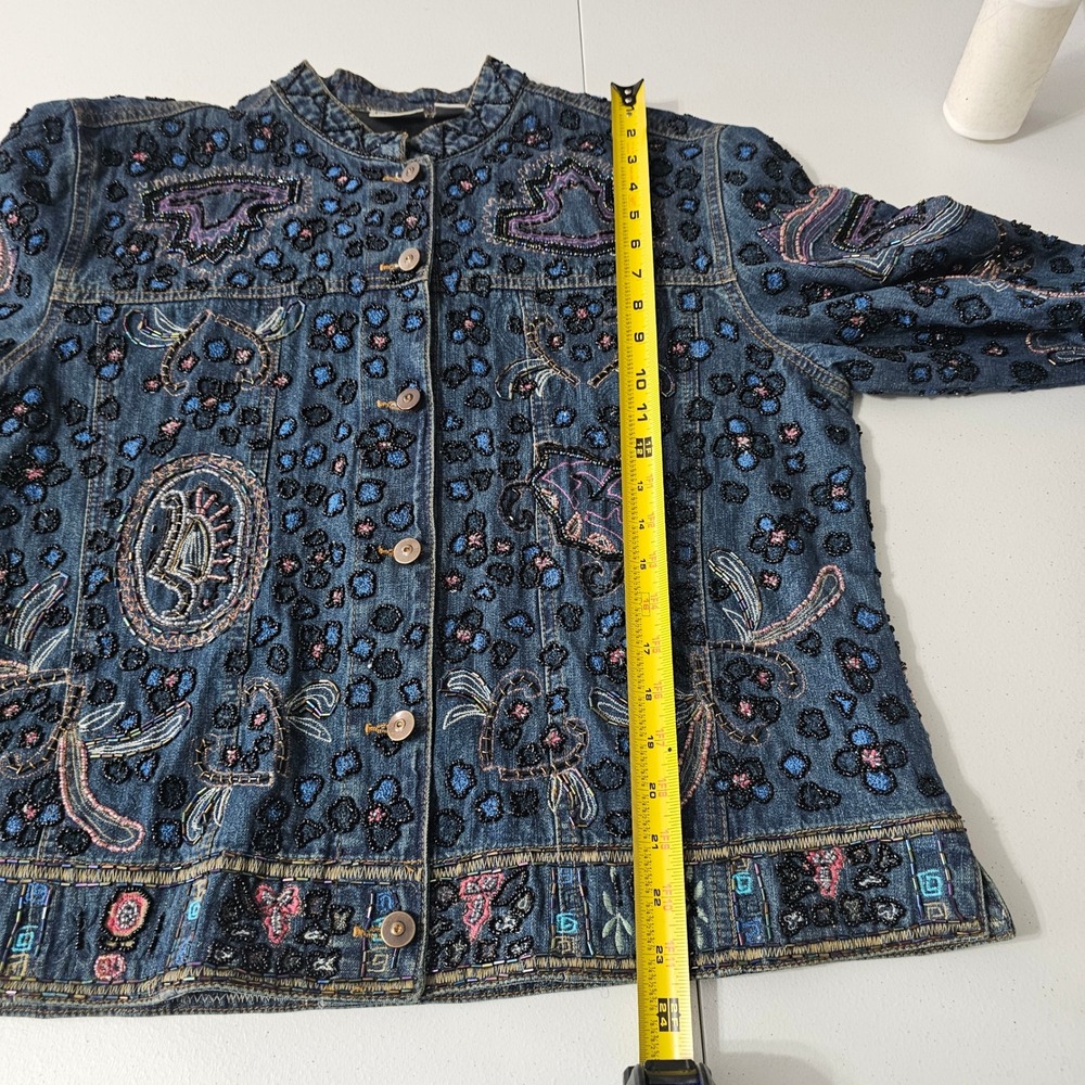 Chicos Heavily Beaded Denim Jacket L Blue Art to Wear Bohemian Paisley Artsy - Picture 8 of 12